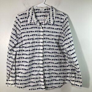 Womens Crown & Ivy Button Front Shirt Elephant Print White Black L Long Sleeve C
